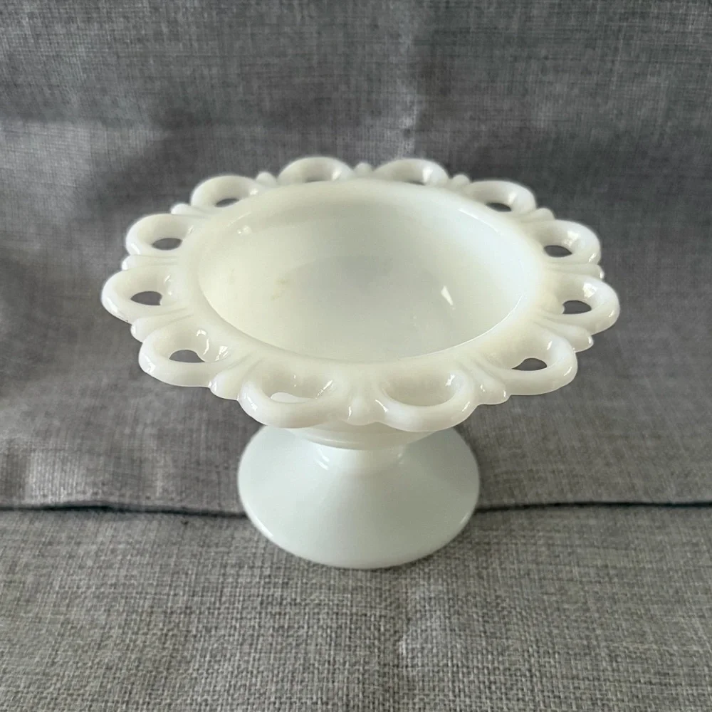 Vintage Anchor Hocking Lace Edge Milk Glass Pedestal Bowl | Candy Trinket Bowl